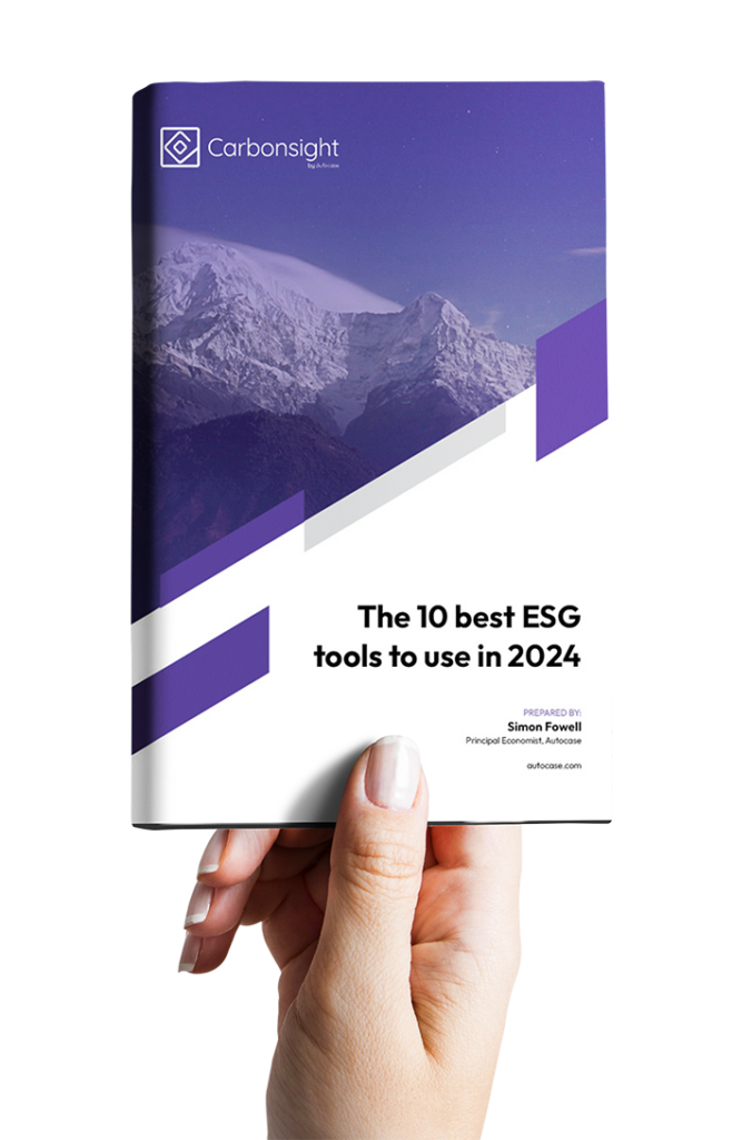 The top 10 ESG sustainability and decarbonization tools to use in 2024 book cover image with a female hand holding the book